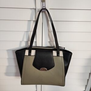 NWT  Nine West Elegant Black, Olive Green, & Beige Color Block satchel Handbag